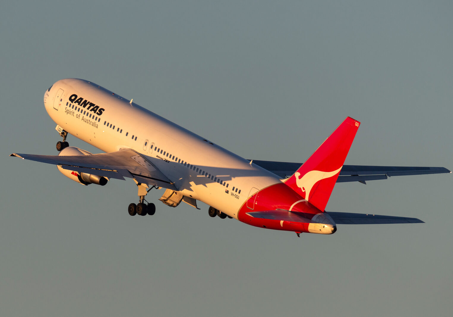 Sydney, Australia - October 9, 2013: Qantas Boeing 767 airliner taking off from Sydney Airport.